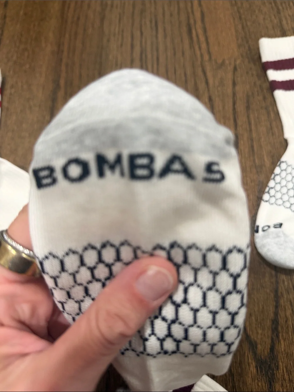 Set of 2 Bombas White Athletic Crew Socks with Red and Burgundy Stripes